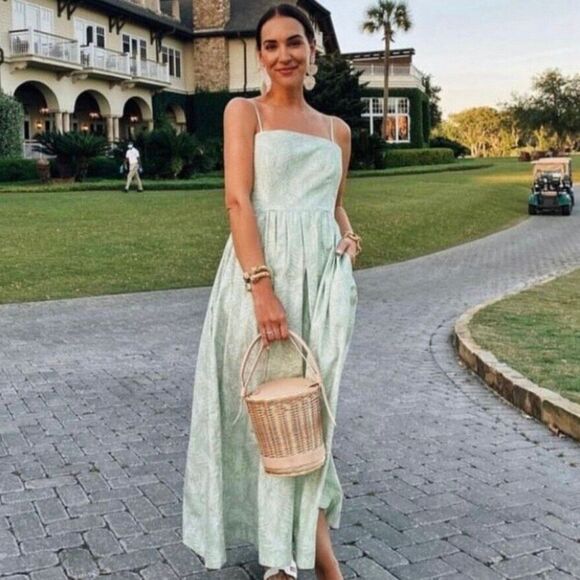 Coco Shop Nicole Dress Breadfruit Sage Green Cotton Sleeveless Maxi Dress Size M - Picture 7 of 12